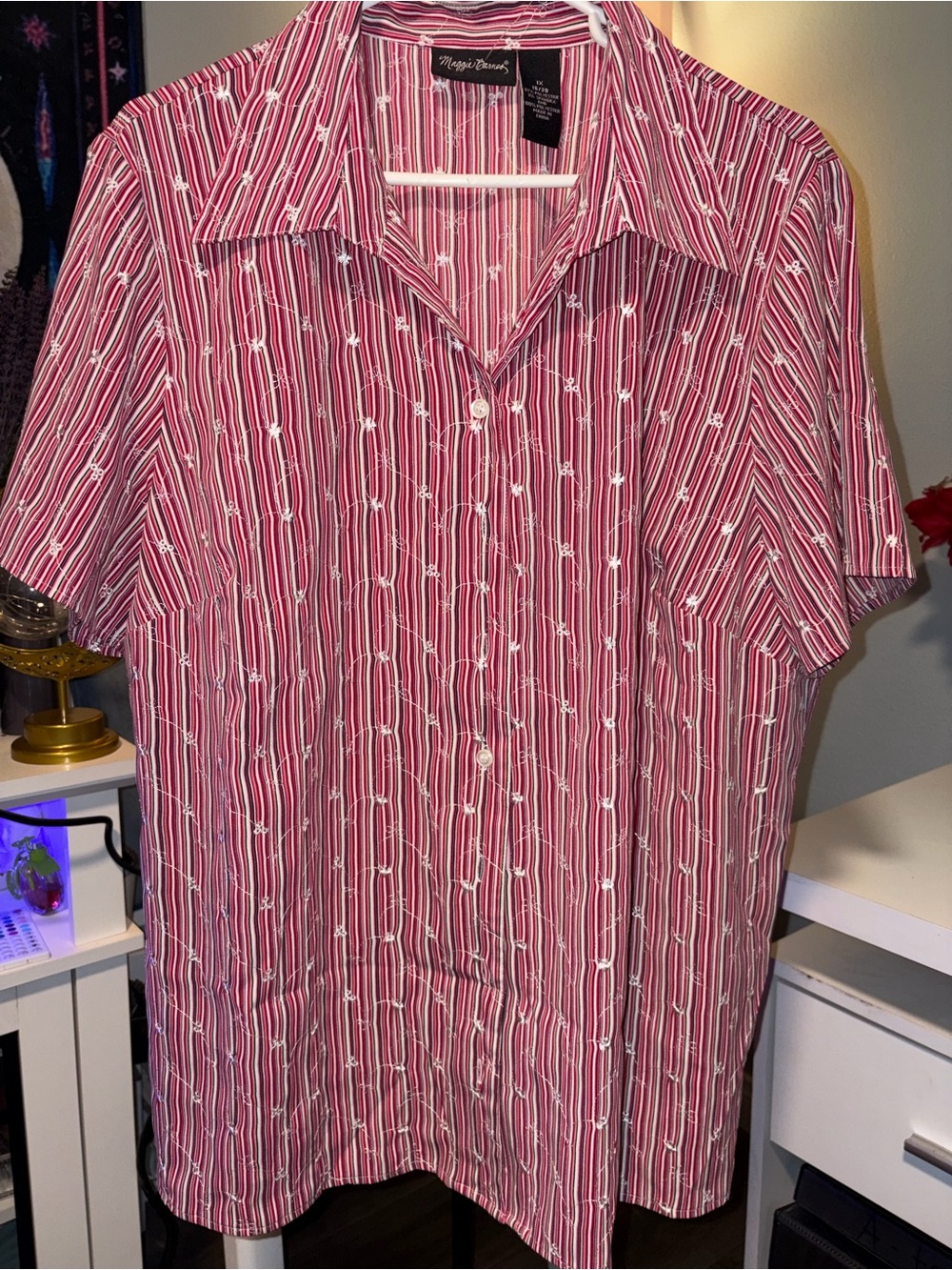 Women’s Short-Sleeve Striped Button-Up Shirt - Red